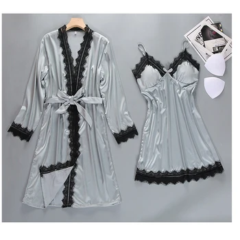 

Robe Kimono Bathrobe Bride Bridesmaid Sexy Lace Solid Trim 2PCS Robes Set Strap&Robe Sleepwear Wedding Gift Cosmetic Bath Gown