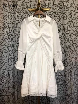 

2020 Spring Summer Fashion White Dress High Quality Women Turn-down Collar Hollow Out Embroidery Full Sleeve Long Shirt Dress