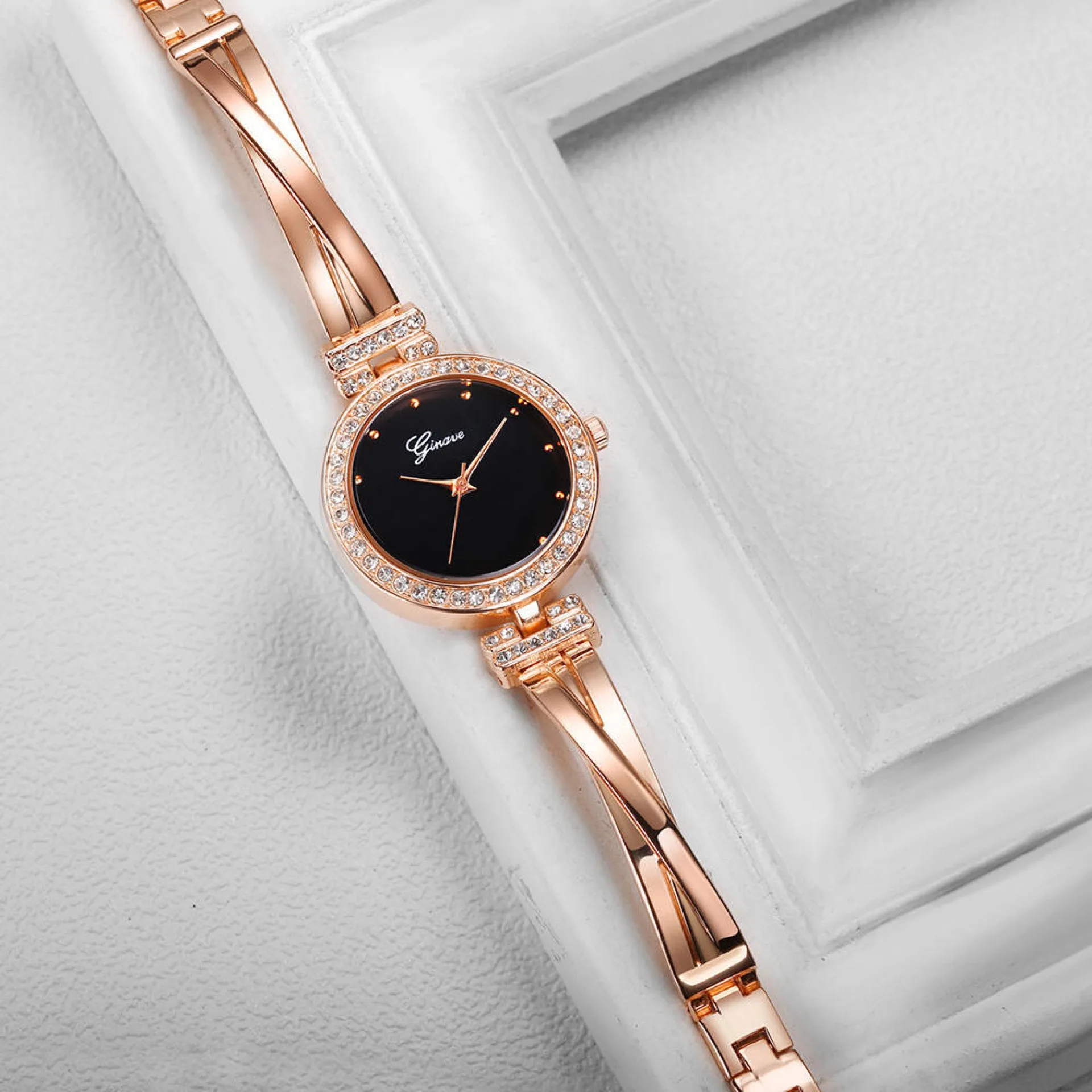 Женские часы Ginave с бриллиантовым браслетом из розового золота, роскошные ювелирные изделия для девушек, повседневные кварцевые наручные часы, набор из 4 предметов