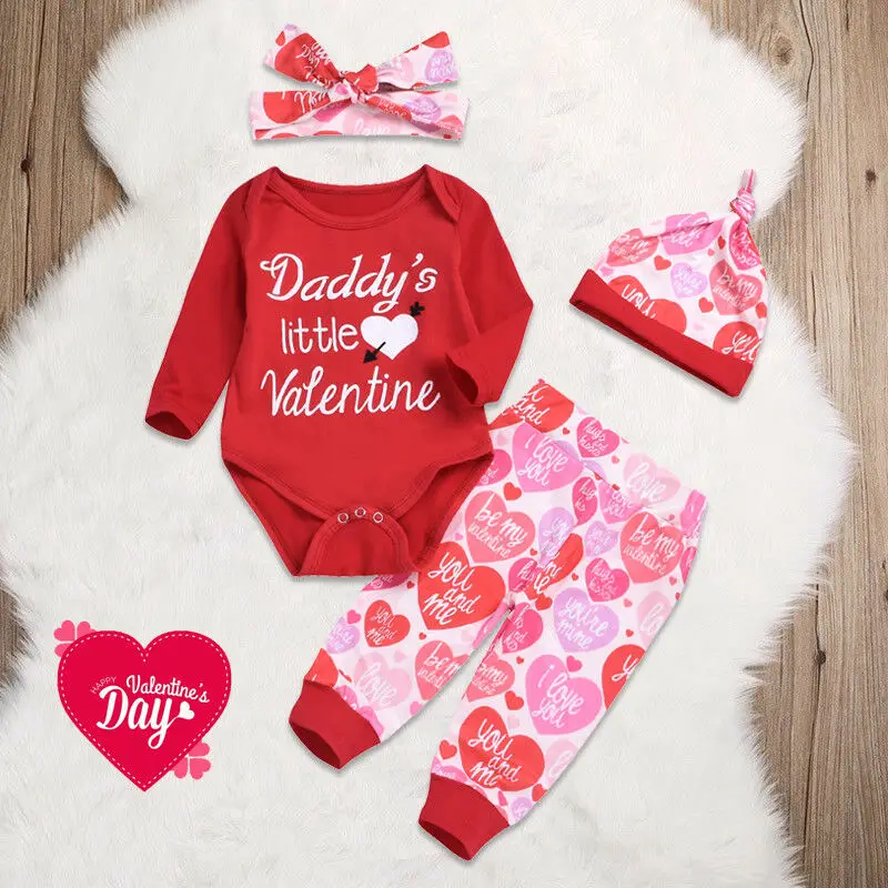 Одежда для новорожденных мальчиков и девочек с надписью «My 1st Valentine», модные топы, комбинезон+ штаны, комплект с шапочкой