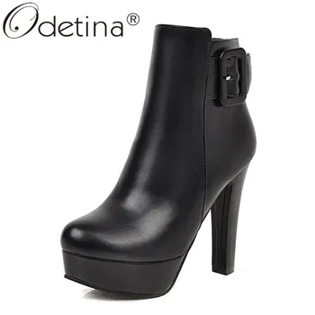 

Odetina Women Fashion Buckle Strap Round Toe Sewing Short Boots Female Block Extreme High Heel Side Zipper Platform Ankle Boots