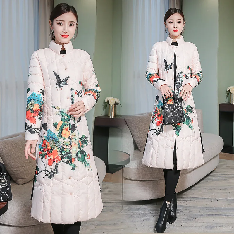 

Stand Collar Cotton-padded Jacket 2018 Winter New Style Korean-style Slim Fit Long Retro National Wind Printed over-the-Knee War