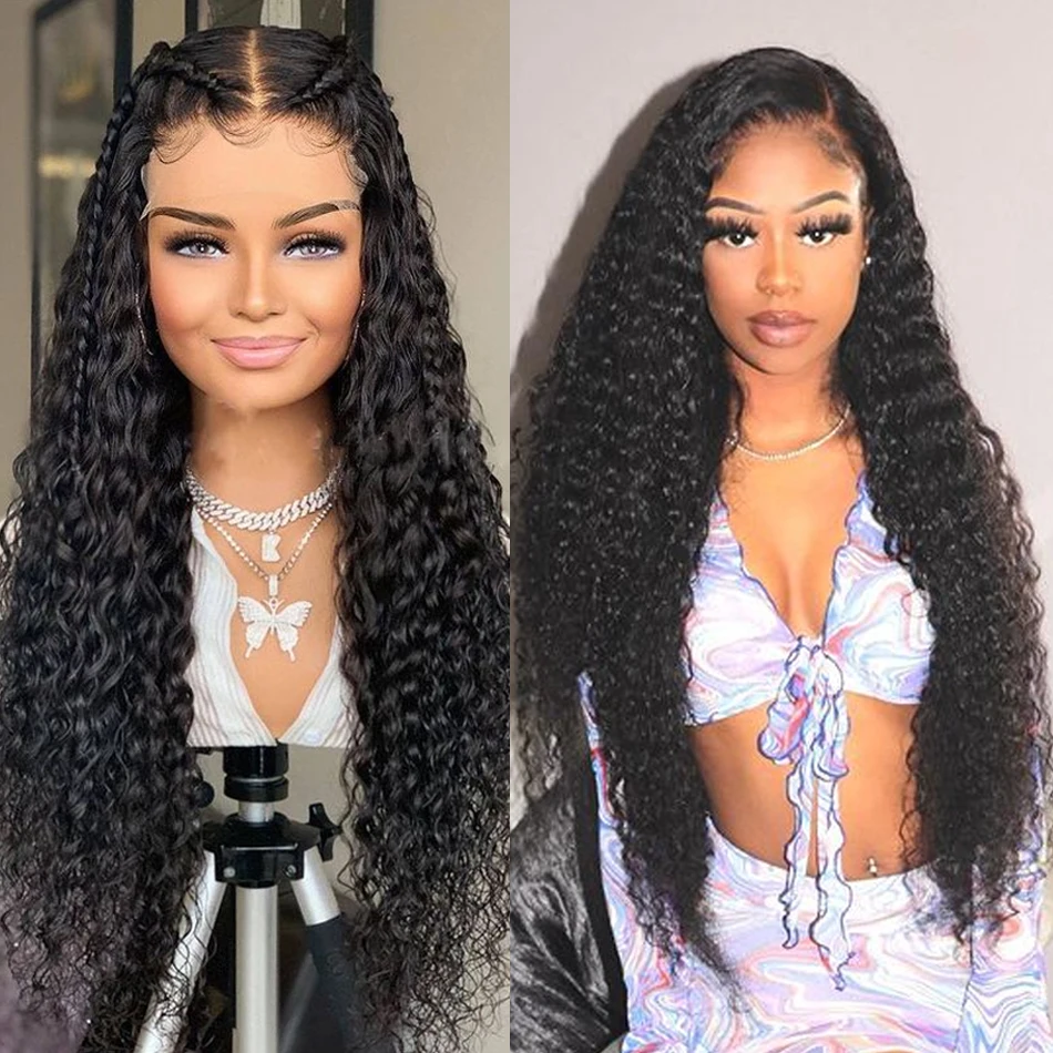 Wigirl-pelucas de cabello humano con malla Frontal para mujer Peluca de cabello humano brasileño con ondas profundas de 28 a 30 pulgadas, rizadas con agua, cierre 4x4, color negro