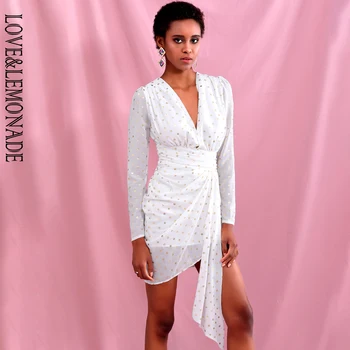 

LOVE & LEMONADE Sexy White V-neck Gold Polka Dot Chiffon Material Streamer Long Sleeve Mini Dress LM81808-2