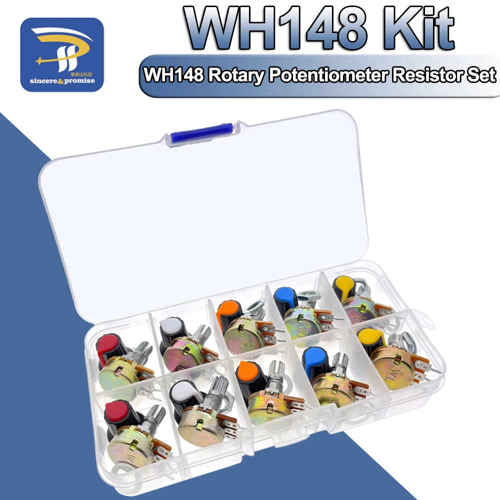 WH148 Potentiometer Kit B1K 2K 5K 10K 20K 50K 100K 250K 500K 1M 15mm Linear Taper Rotary Resistor Set 3pin With Cap linear potentiometer,rotary potentiometer,potentiometer kit,adjustable resistor