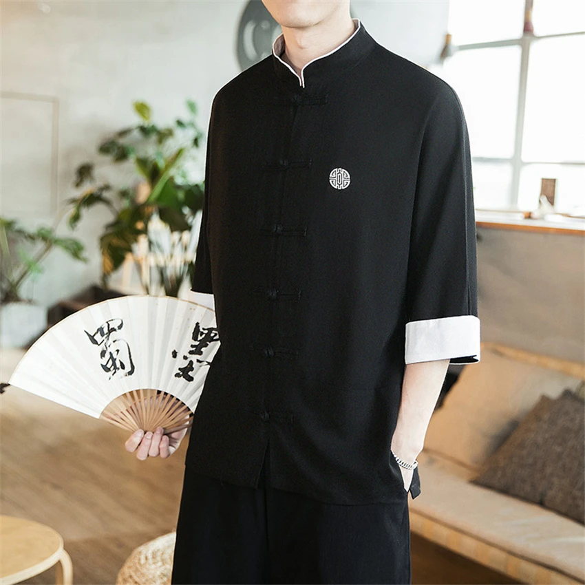 Chinese Style Mens Tops Tang Suit Linen Long Sleeve Solid Traditional Kung Fu China Style Hanfu Shirt Plus Size M-5XL chinese dress chinese men shirt