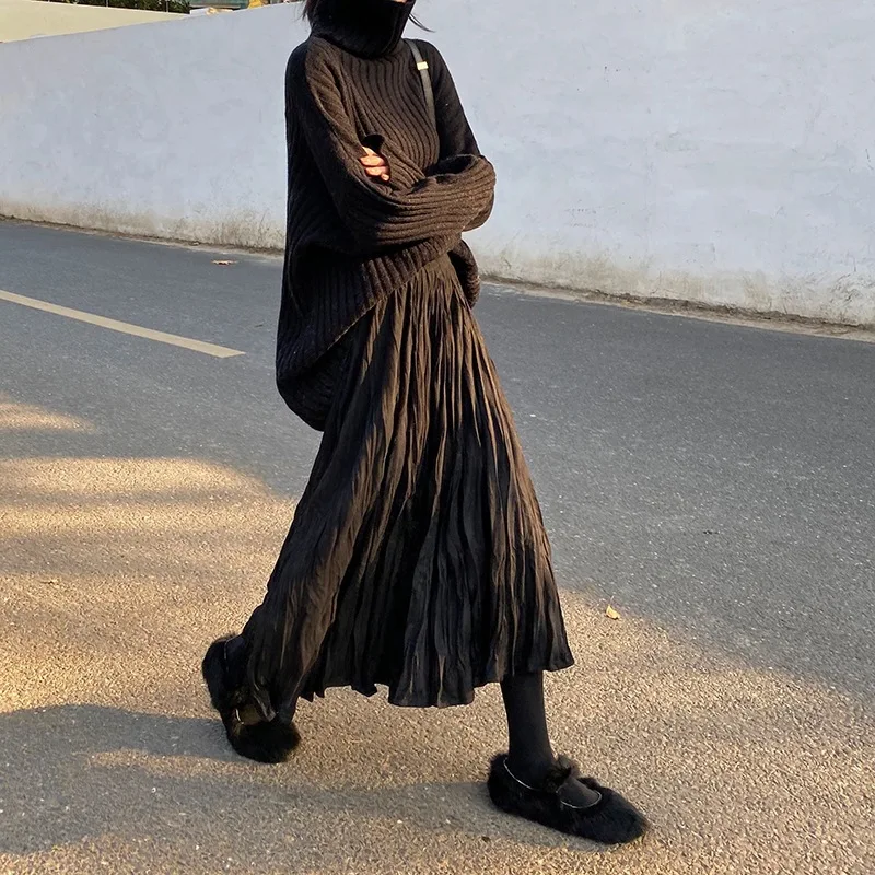 

Pleated Skirt Women's Winter Mid-length High-waisted A- line Black And White with Pattern Students over-the-Knee Short-height Fa