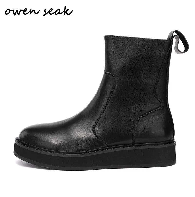 

Owen Seak Men Riding Boots Genuine Leather High-TOP Ankle Heighten Luxury Trainers Casual Chelsea Zip Flats Autumn Winter Shoes