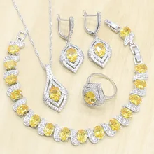 925 серебряные свадебные комплекты украшений для женщин желтый циркон серьги Подвеска Ожерелье Кольцо Подарочная коробка для браслета