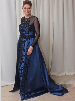 

Royal Blue and Black Lace Mother of the Bride Dress Long Sleeve A Line Wedding Guest Party Prom Evening Gowns Modest Design