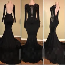 Очаровательные черные платья для выпускного вечера с аппликацией, длинные рукава, эластичный атлас, шлейф, Русалка, вечерние платья, платья для выпускного вечера