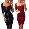 2022 Newest Women Sexy Solid Color Zip UP V Neck Elbow Sleeve Bodycon Stretchy Party Dress ► Photo 2/6