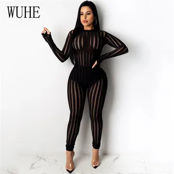 

WUHE Sexy Perspective Mesh Bodycon Jumpsuits Women Skinny Stripe Rompers Sexy Night Club Party Long Sleeve Overalls Female