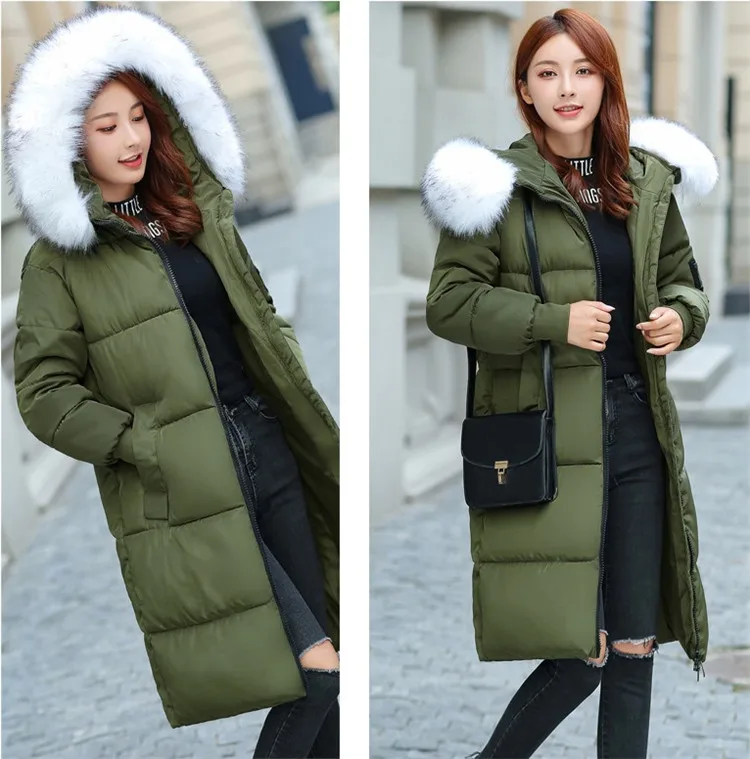 ArmyGreen Большие размеры, XL-7XL, женские зимние парки, пуховая хлопковая куртка с меховым воротником, с капюшоном, утепленная длинная куртка с хлопковой подкладкой, большие размеры 2915 - Цвет: ArmyGreen