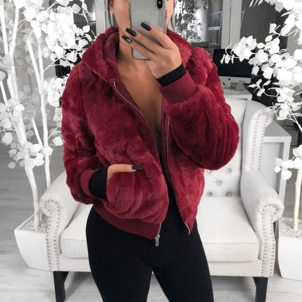 Пушистые женские пальто зимний топ-модные шорты пальто из искусственного меха элегантная женская толстая теплая верхняя одежда плюшевые куртки Вечерние пиджаки D30 - Цвет: Wine red