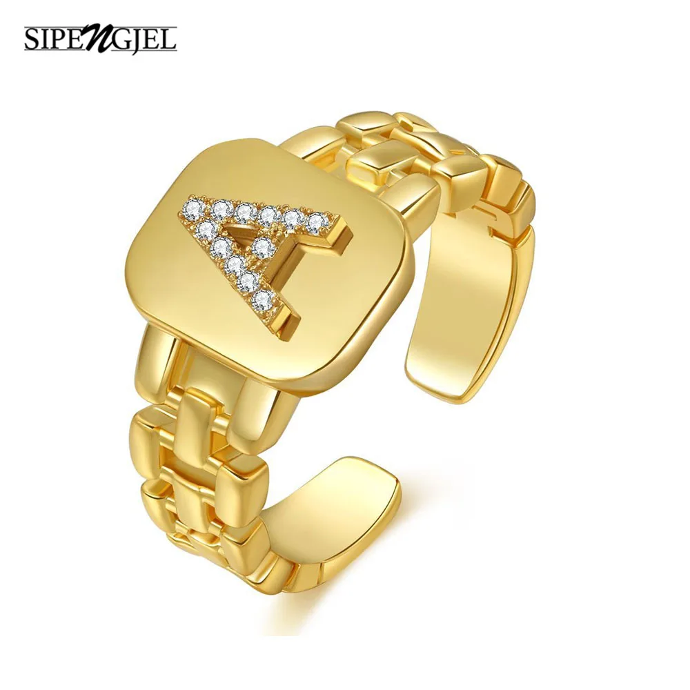 SIPENGJEL-anillos de circonio cúbico A la moda con letras a-z, anillos con iniciales chapados en oro ajustable para mujer, joyería de Hip Hop 2021