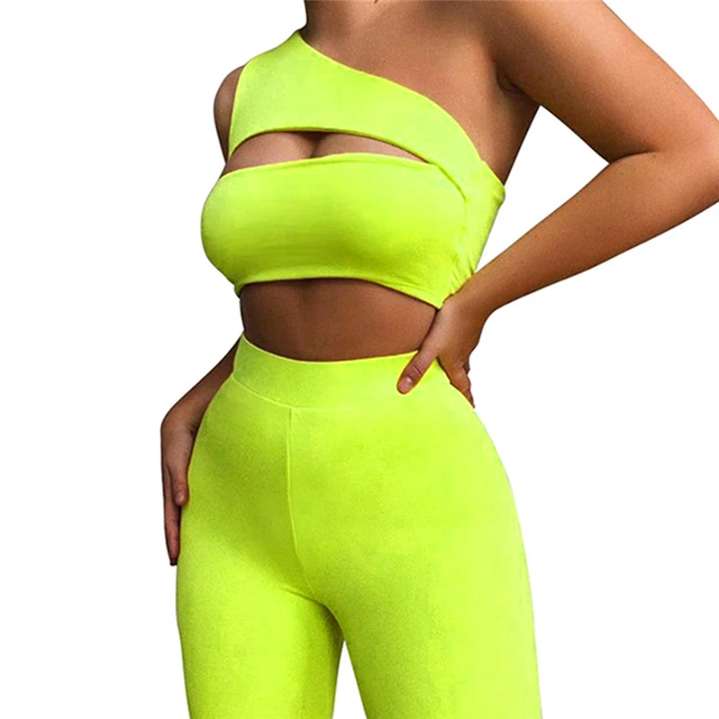 Sexy Women Neon Orange Two Piece Set One Shoulder Cut Out Crop Tops Elastic High Waist Shorts Sets Sporty Outwear 2021 champion shorts