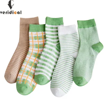 

5 Pairs/Lot Cotton Women Girl Socks Students Style Geometric Grid Green Street Fashion Soft Harajuku Short Socks Novelty Hot