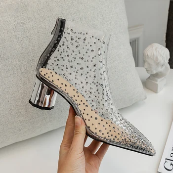 

2020 New High Heel Women Ankel Boots Pointed Toe Diamond PVC Transparent Women Booties Sexy Rivet Transparent Heel Boots Shoes