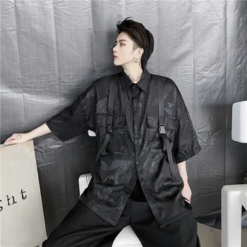 

EWQ / men's wear summer clothes half sleeve printting embroidery double pocket buckle black oversize shirt loose tops 9Y2460