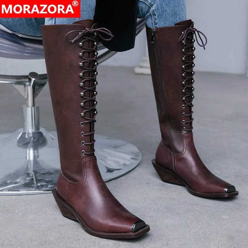 MORAZORA/ г.; обувь из натуральной кожи наивысшего качества; Женские ботинки в байкерском стиле с квадратным носком на молнии; винтажные женские сапоги до колена на танкетке