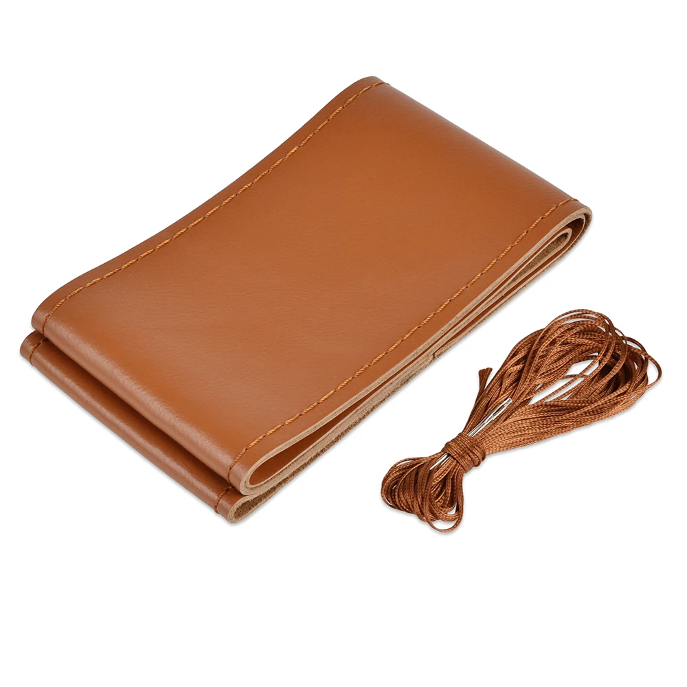 

H2CNC Hand Sewing Steering Wheel Cover with Needles Thread 38cm Cowhide Leather brown