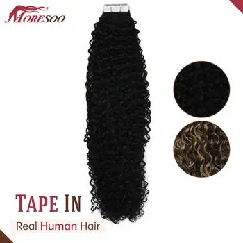 

Moresoo Kinky Curly Human Hair Tape Machine Remy Human Hair 20PCS 50G Seamless Skin Weft Tape Extensions Natural Hair for Women