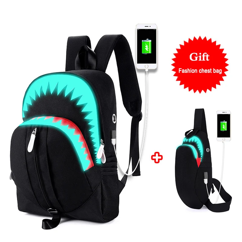 

Fashion Luminous Student School Bags USB Charging Men's Shark School Backpacks Chest Bag Teenager Boy Girls Travel Women Mochila
