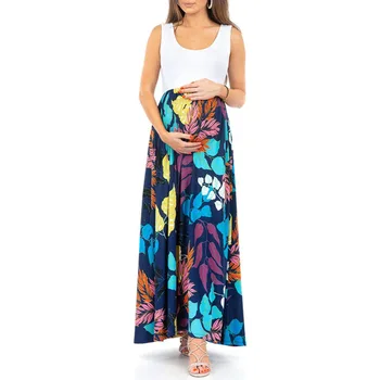 

Vetement Femme Women's Sleeveless Maternity Pregnancy Dresses Clothes Dress Ruched Color Block Maxi Splicing Dress Ropa De Mujer