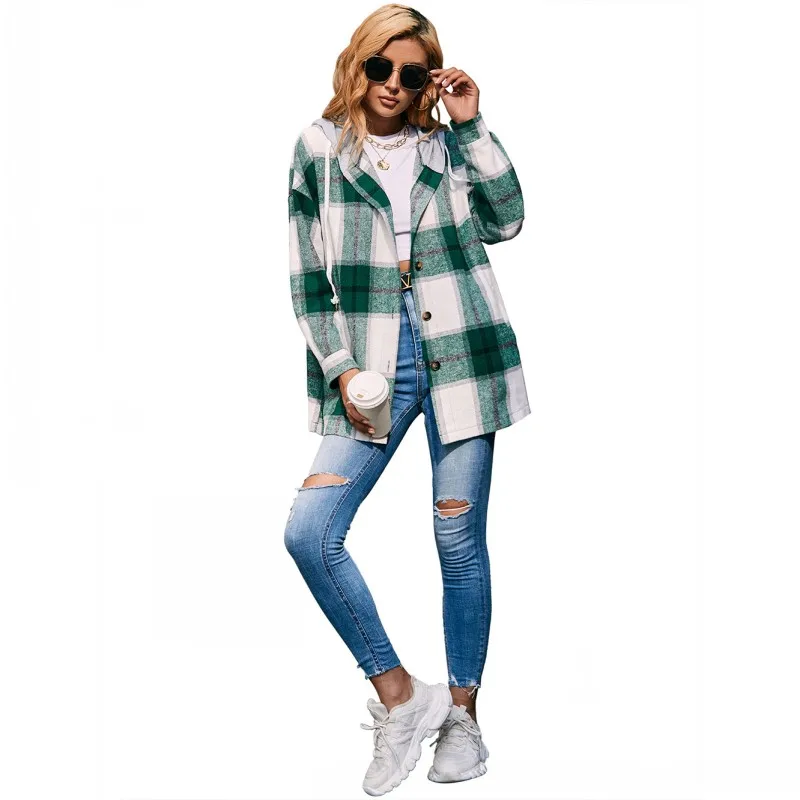 Fashion Cardigan Single-Breasted Plaid Long-Sleeved Shirt Casual Women