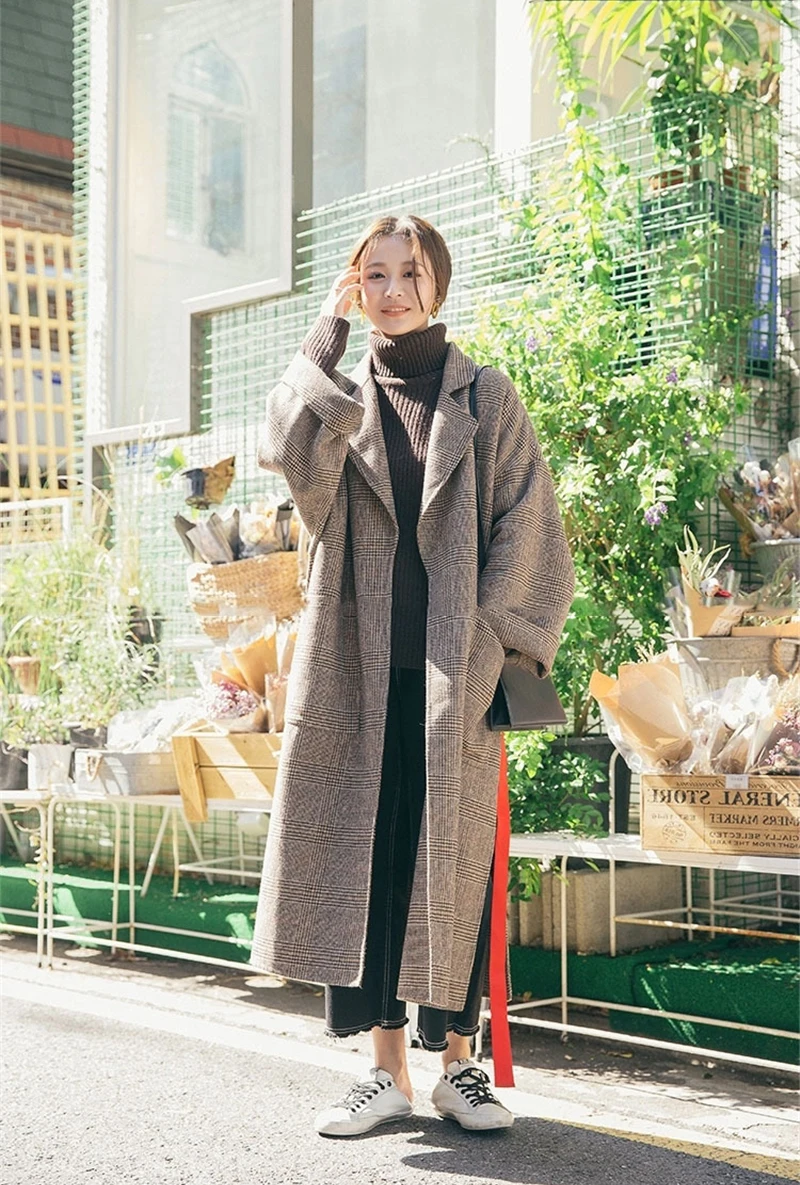 WAVSIYIER клетчатое Длинное Макси пальто, куртка для женщин, новинка, Осень-зима, толстая сложная верхняя одежда, Корейская элегантная Офисная Леди, винтажное пальто
