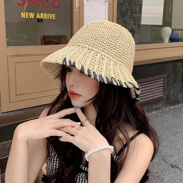 Ladies Straw Hat Summer Hand-woven Straw Sun Hats Seaside Beach French  Fashion Big Eaves Sunshade Fisherman Cap - Bucket Hats - AliExpress