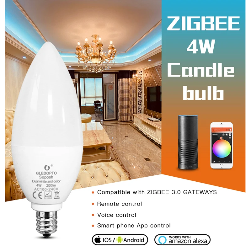 G светодиодный OPTO zigbee intelligente birne 4 Вт E12/E14 dimmbare RGBCCT Ambiente Dekorative Kerze Lampen Kompatibel mit Amazon Echo