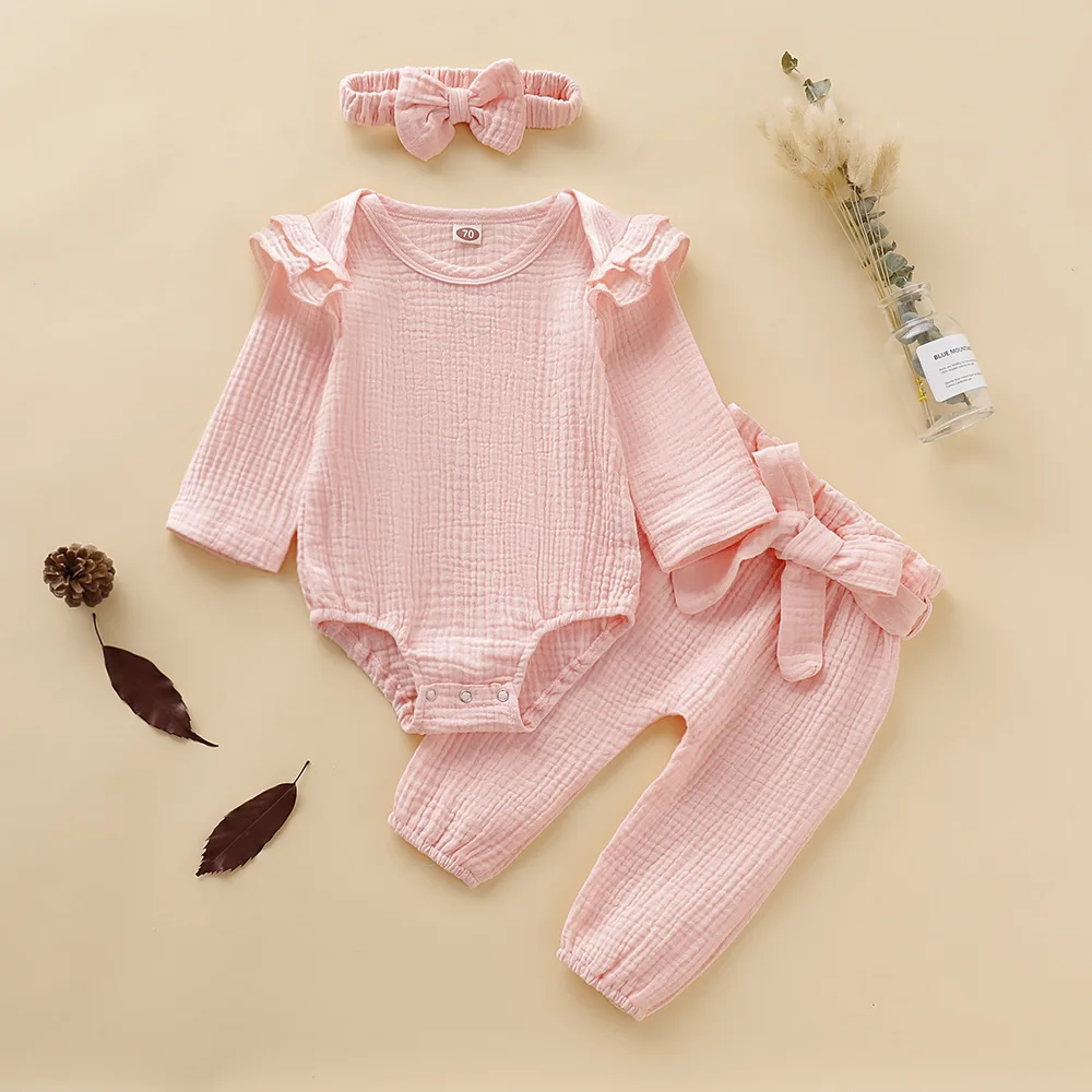 Комплекты одежды для маленьких девочек 0-24 мес., 3 предмета, комбинезон для маленьких девочек+ длинные штаны+ повязка на голову, милые наряды, комплект одежды для маленьких детей на весну, infantD30 - Цвет: Розовый