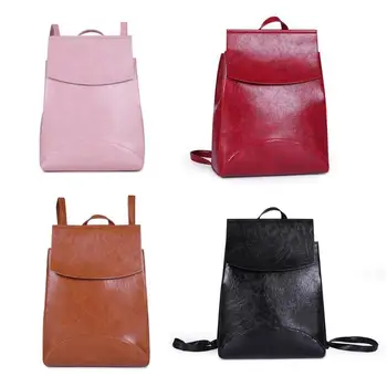 

Solid Color Travel Backpacks Women Knapsack Preppy PU Leather Shoulder Bags