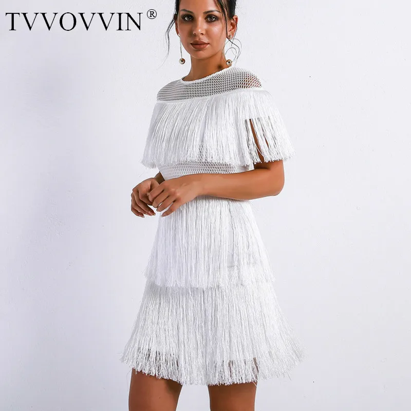 TVVOVVIN, белое, с круглым вырезом, с коротким рукавом, полое, тяжелое, с кисточками, на талии, тонкое платье, женское, сексуальное, милое, модное, осень, новое, L352