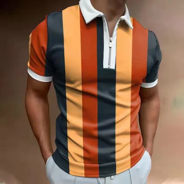 Shirt Fashion Striped Patchwork Short Sleeve Tops For Men Casual Turn-down Collar Zip-up Polo Shirts 2021 Summer Men's Slim Polo PLS-33