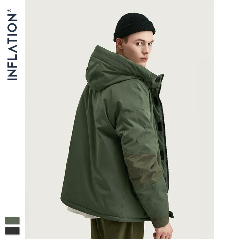 

INFLATION Patchwork Solid Hooded Coat Men 2019 High Street Thick Winter Coat Men Hip Hop Oversize High Collar Parka Coats 9754W