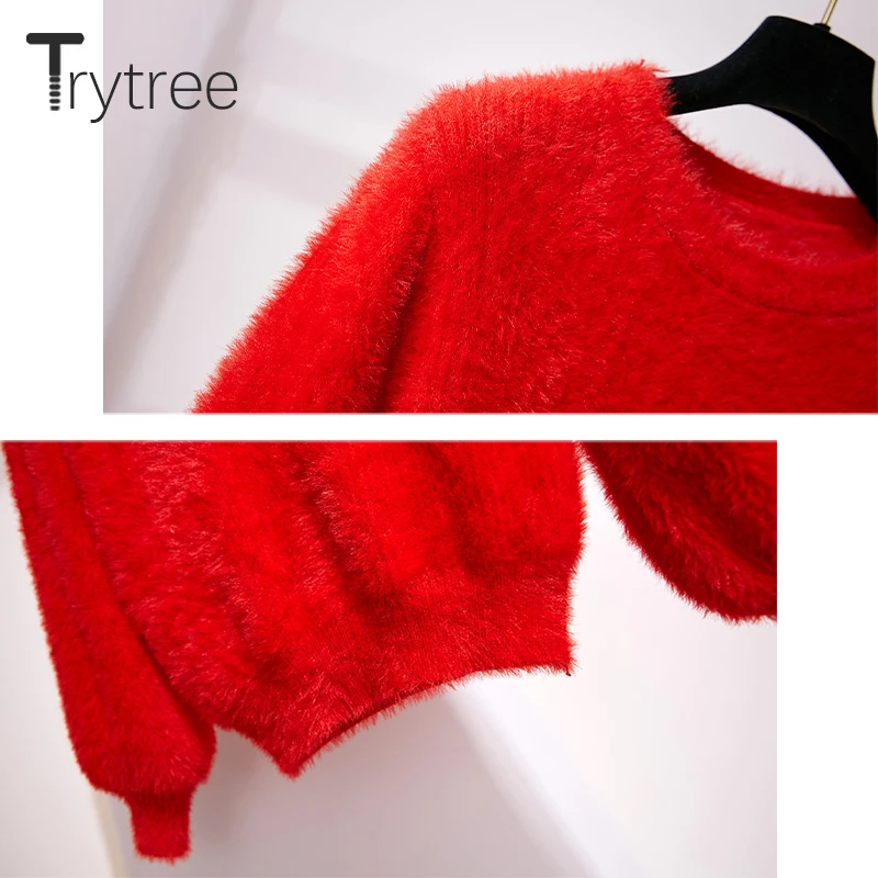 Trytree осенне-зимний комплект из двух предметов Повседневный Топ с круглым вырезом и рукавами-фонариками+ юбка мини-трапеция Модный комплект для офисной Леди комплект из 2 предметов