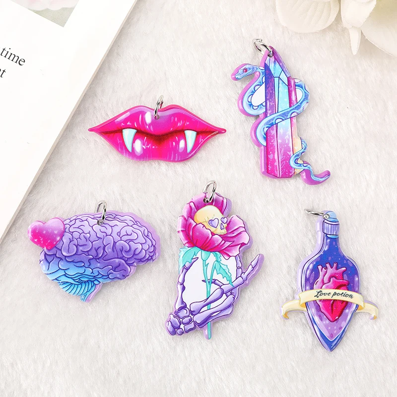 10Pcs Creepy Valentine Acrylic Charms Magic Snake Heart Skull Flower Pendant For Earring Necklace Diy Making
