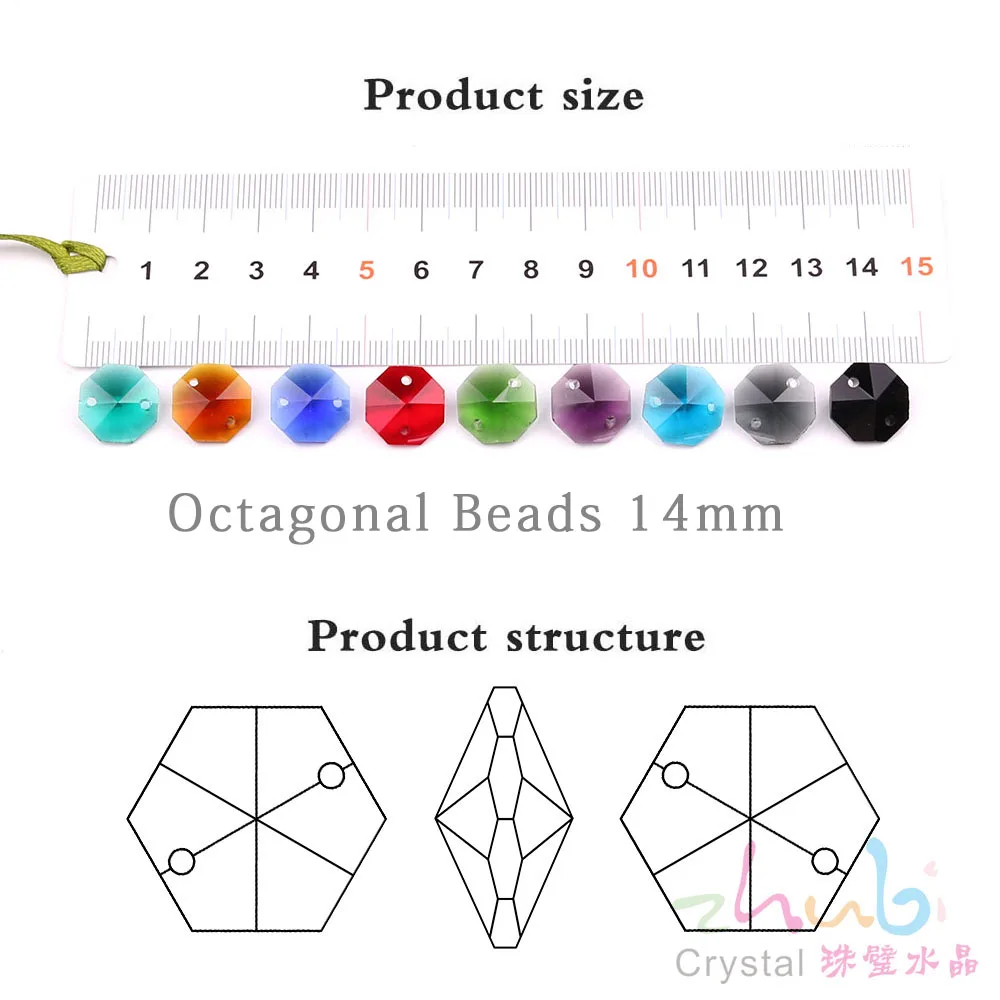 200Pcs 14mm Lampwork Crystal Glass Octagonal Loose Beads Double Holes For DIY Wedding Dress Making Handmade Jewelry Curtain Deco