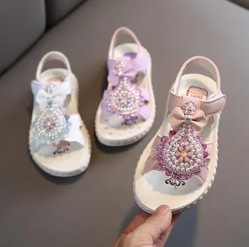 

Children Girl Summer Sandals Fashion Pearl Crystal Kid Baby Princess Shoes Soft Bottom Non-slip Beach Sandals