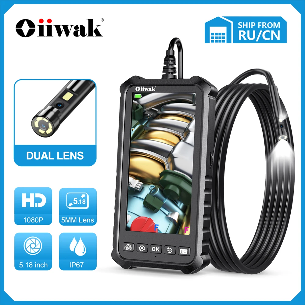 Oiiwak 1080P Endoscope Camera 5mm/8mm Dual lens Borescope Pipe Inspection Camera 5.18in Screen IP67 Surveillance Video Camera