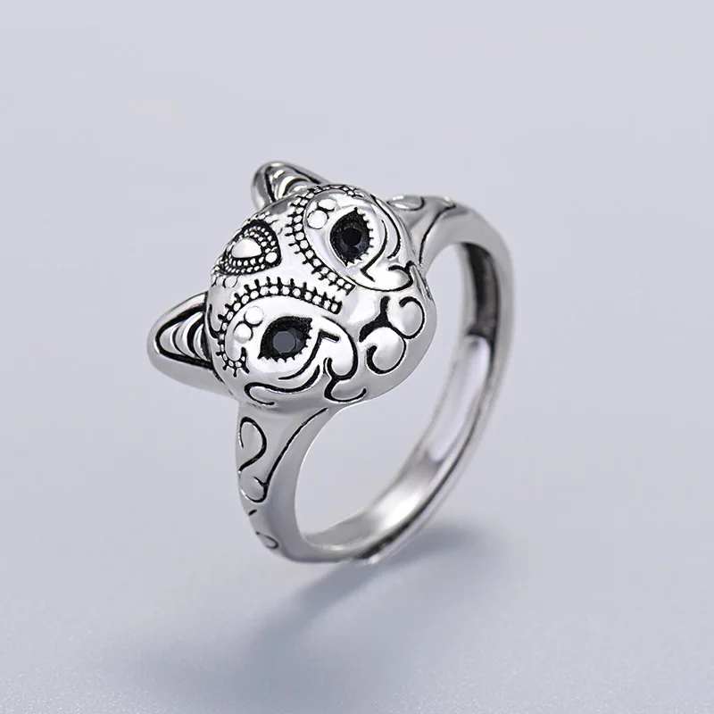 

Vintage Silver Color Carving Cat Ring Inlay Black Zircon Eye Wedding Engagement Ring Cute Cat Ring Women Jewelry Gifts