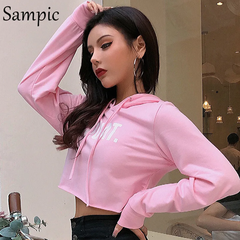 Sampic толстовки с длинными рукавами для женщин укороченный топ с надписью Повседневный короткий Свитшот уличная розовая фиолетовая Осенняя Женская Толстовка Топы