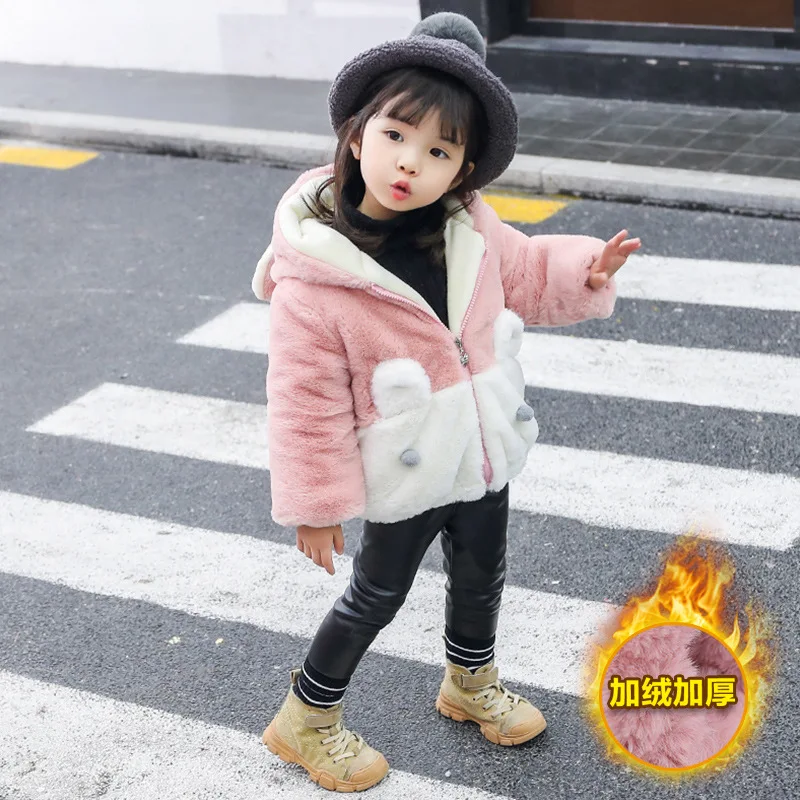 

Girls Wool Sweater 2020 Autumn And Winter New Style Padded Tops Brushed And Thick Fashion Rabbit Eared Hooded Girls Padded Cotto
