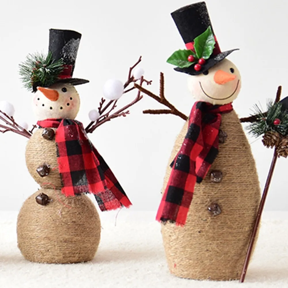 

Christmas Snowman Ornamrnts Cartoon Hemp Rope Weaving Snowman Dolls with Red Plaid Scarf for Home Christmas Decorations