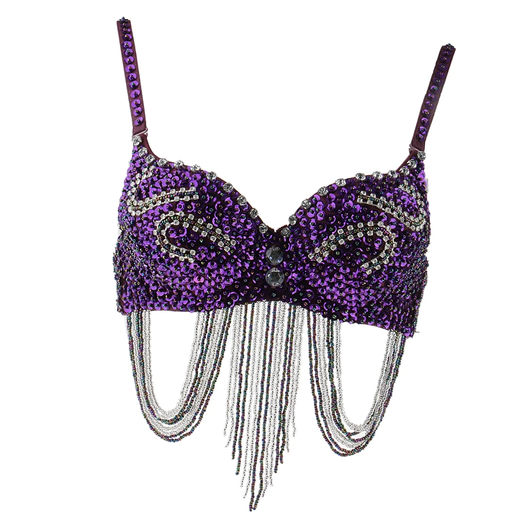 Purple 34C Bra Top Бюстгальтер Топ для танца живота костюм для танца бюстгальтер Топ свободный размер 34C для танца ручной работы бюстгальтер для танца живота топ с блестящими бусинами дизайн - Color: Purple 34C Bra Top