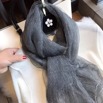 

Autumn and winter 2020 Korean silk women's scarf, line pattern gold thread solid color long women's shawl scarf head scarf