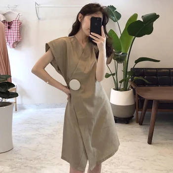 

YAMDI midi dresses korean party woman summer midi dress women elegant a-line vintage short sleeve 2020 new solid button vestidos